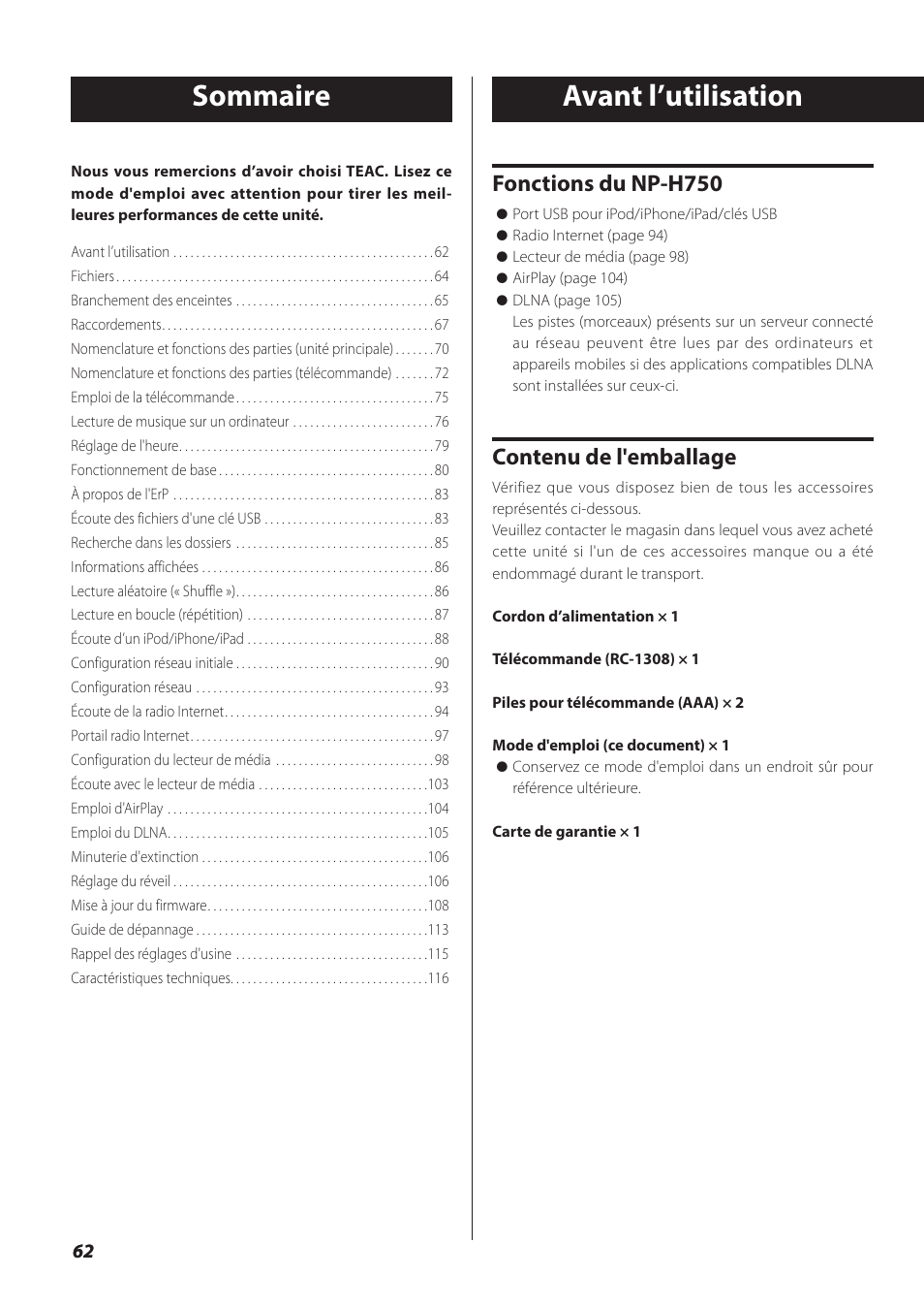 Avant l’utilisation, Sommaire, Fonctions du np-h750 | Contenu de l'emballage | Teac NP-H750 User Manual | Page 62 / 176