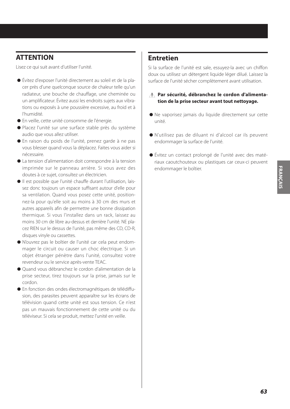 Attention, Entretien | Teac NP-H750 User Manual | Page 63 / 176