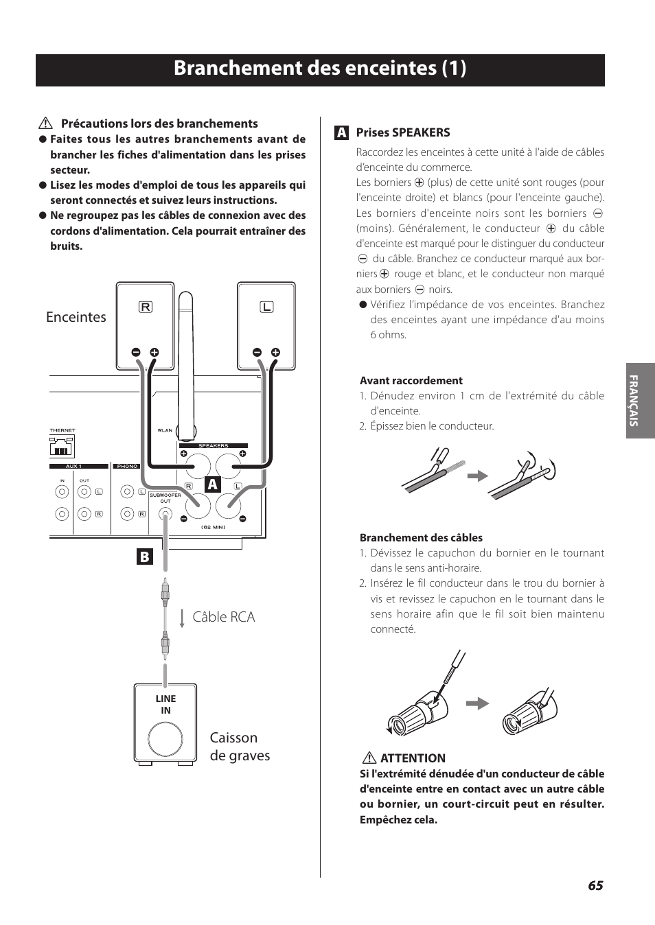 Branchement des enceintes, Branchement des enceintes (1), Enceintes caisson de graves câble rca | Teac NP-H750 User Manual | Page 65 / 176