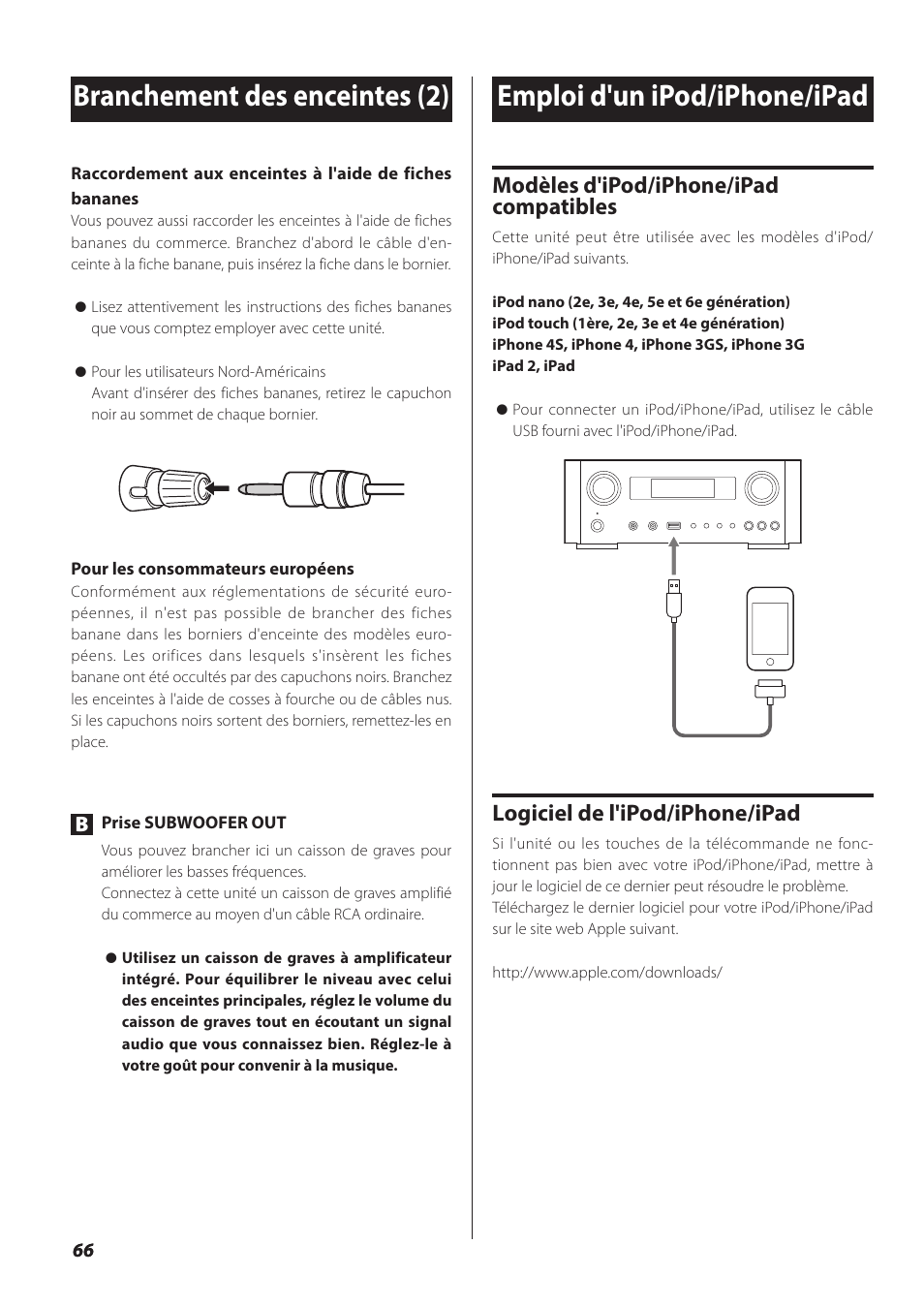 Branchement des enceintes (2), Emploi d'un ipod/iphone/ipad, Modèles d'ipod/iphone/ipad compatibles | Logiciel de l'ipod/iphone/ipad | Teac NP-H750 User Manual | Page 66 / 176