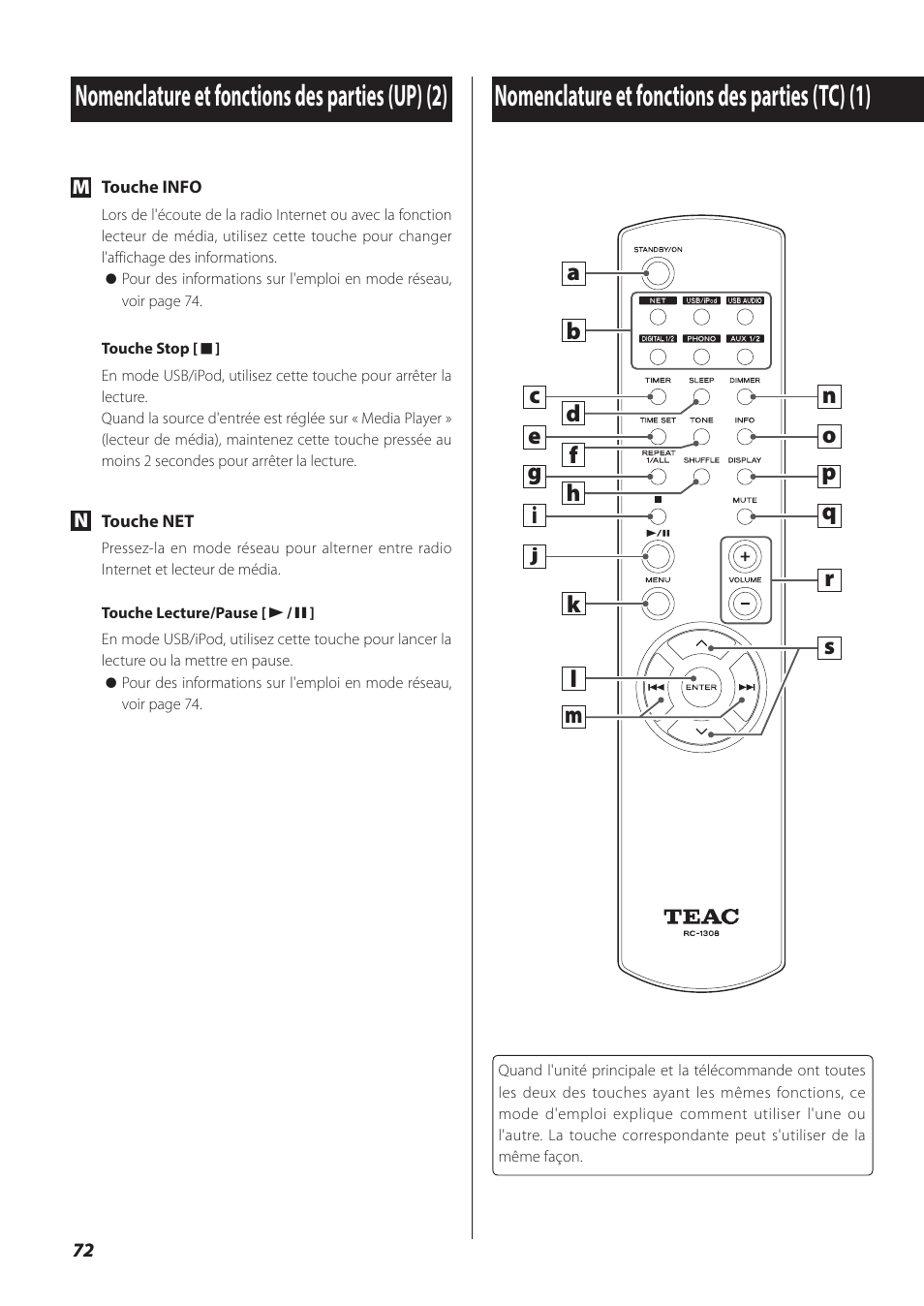 Nomenclature et fonctions des parties (tc) (1), Nomenclature et fonctions des parties (up) (2) | Teac NP-H750 User Manual | Page 72 / 176