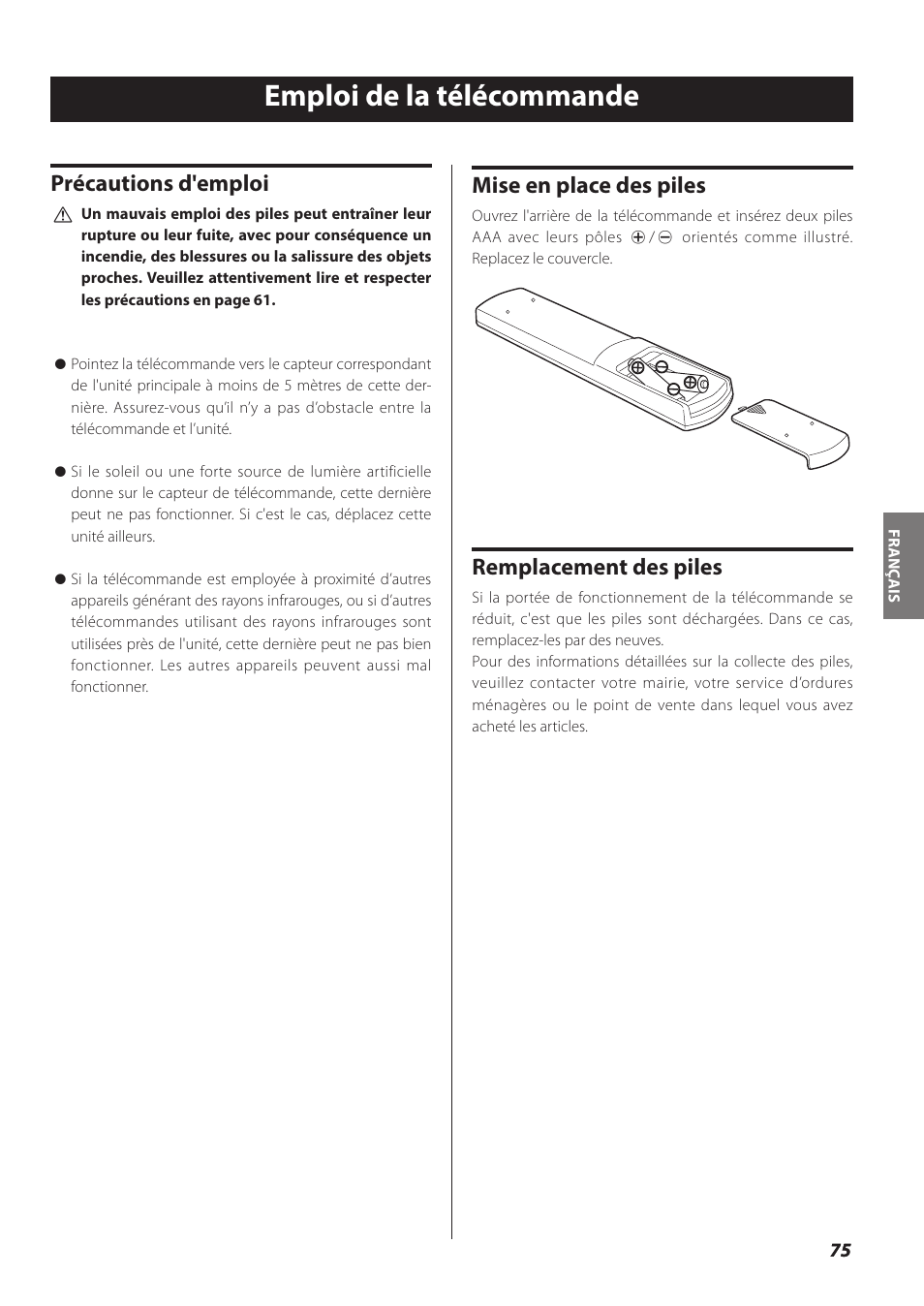 Emploi de la télécommande, Précautions d'emploi, Mise en place des piles | Remplacement des piles | Teac NP-H750 User Manual | Page 75 / 176