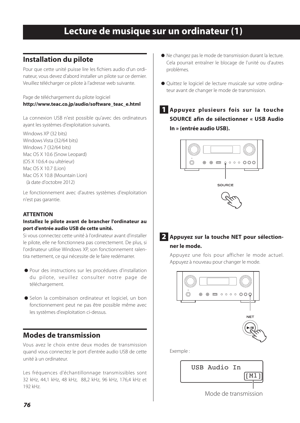 Lecture de musique sur un ordinateur, Lecture de musique sur un ordinateur (1), Installation du pilote | Modes de transmission | Teac NP-H750 User Manual | Page 76 / 176