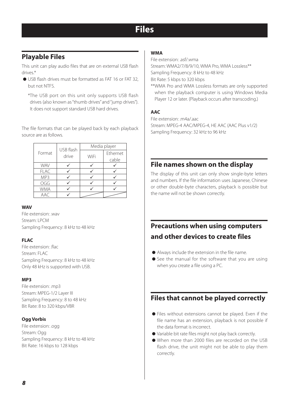 Files, Playable files, File names shown on the display | Files that cannot be played correctly | Teac NP-H750 User Manual | Page 8 / 176