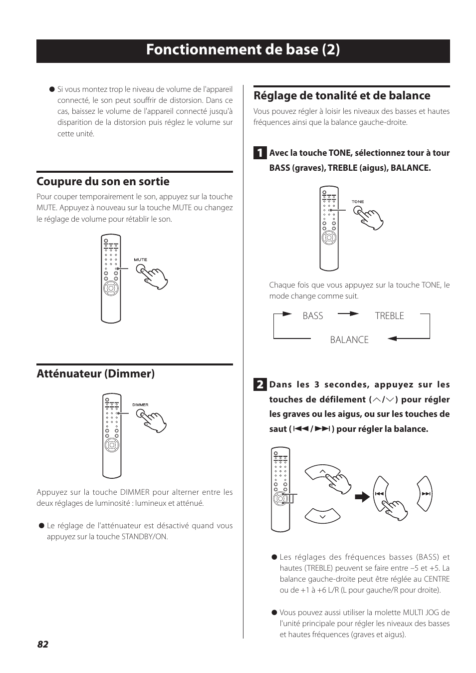 Fonctionnement de base (2), Coupure du son en sortie, Atténuateur (dimmer) | Réglage de tonalité et de balance | Teac NP-H750 User Manual | Page 82 / 176