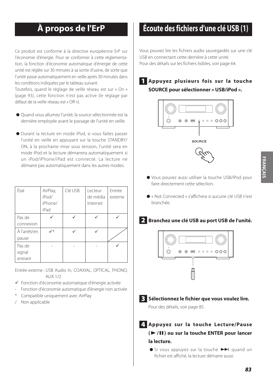 À propos de l'erp, Écoute des fichiers d'une clé usb | Teac NP-H750 User Manual | Page 83 / 176