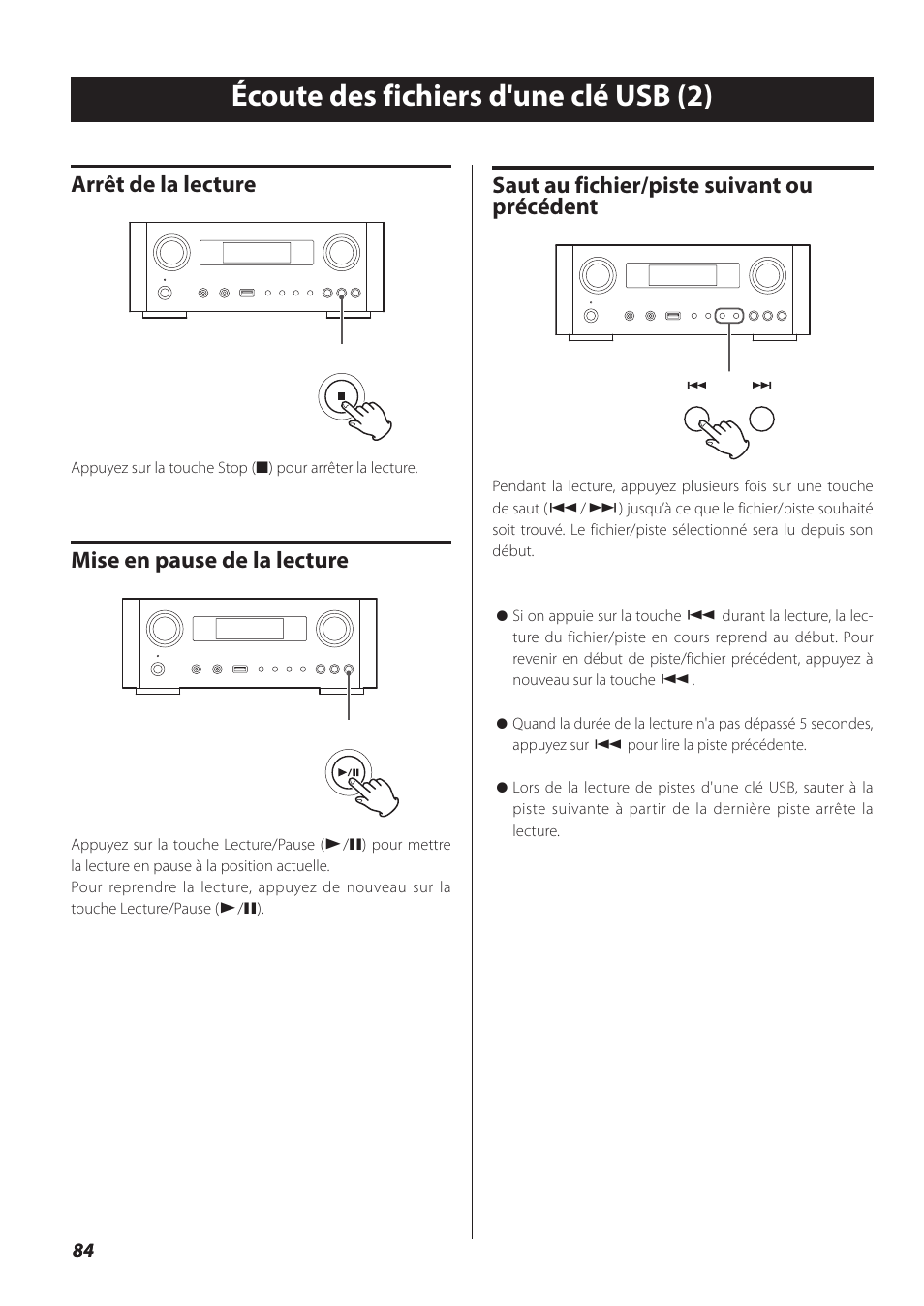 Écoute des fichiers d'une clé usb (2), Arrêt de la lecture, Mise en pause de la lecture | Saut au fichier/piste suivant ou précédent | Teac NP-H750 User Manual | Page 84 / 176