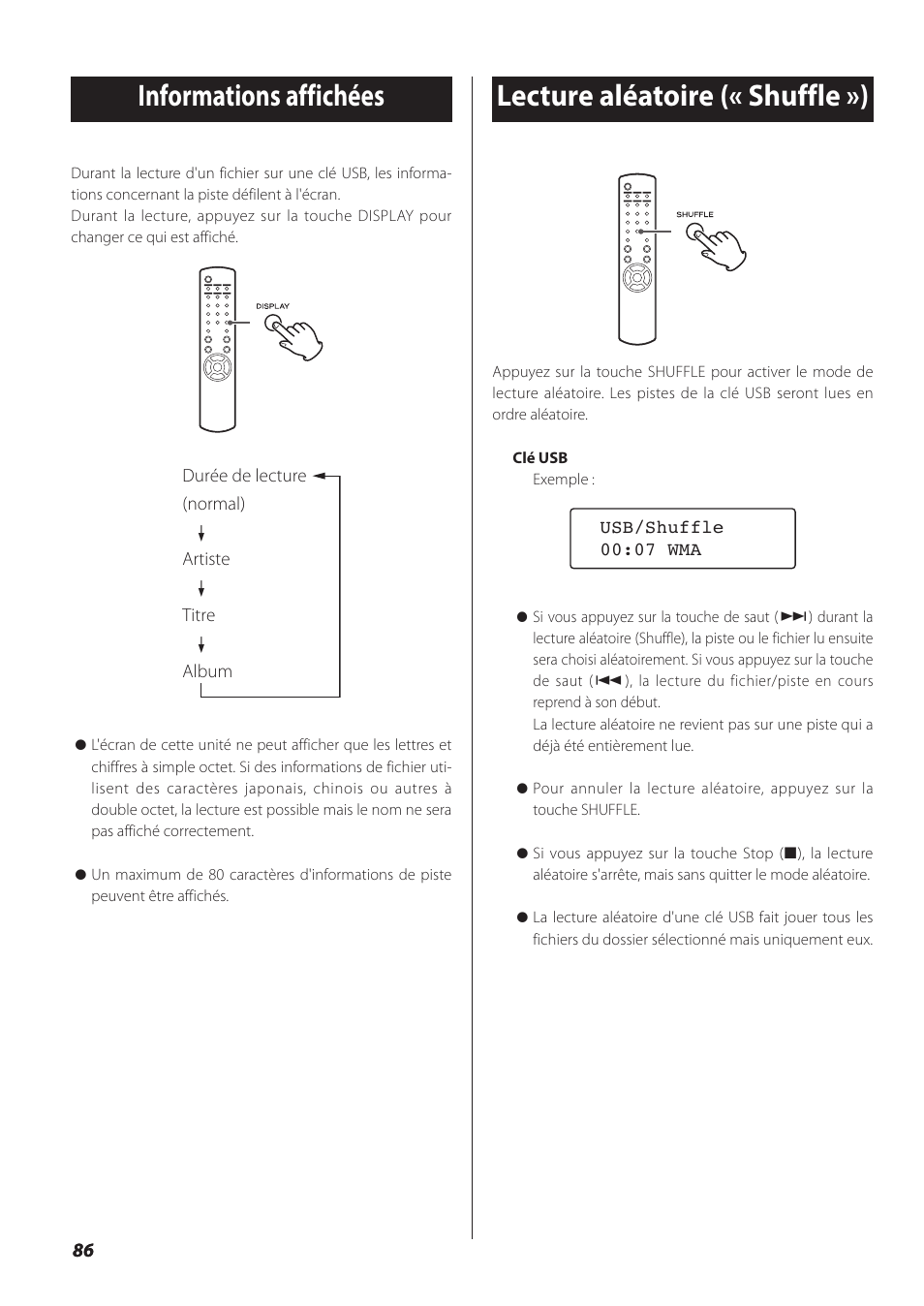 Informations affichées, Lecture aléatoire (« shuffle ») | Teac NP-H750 User Manual | Page 86 / 176