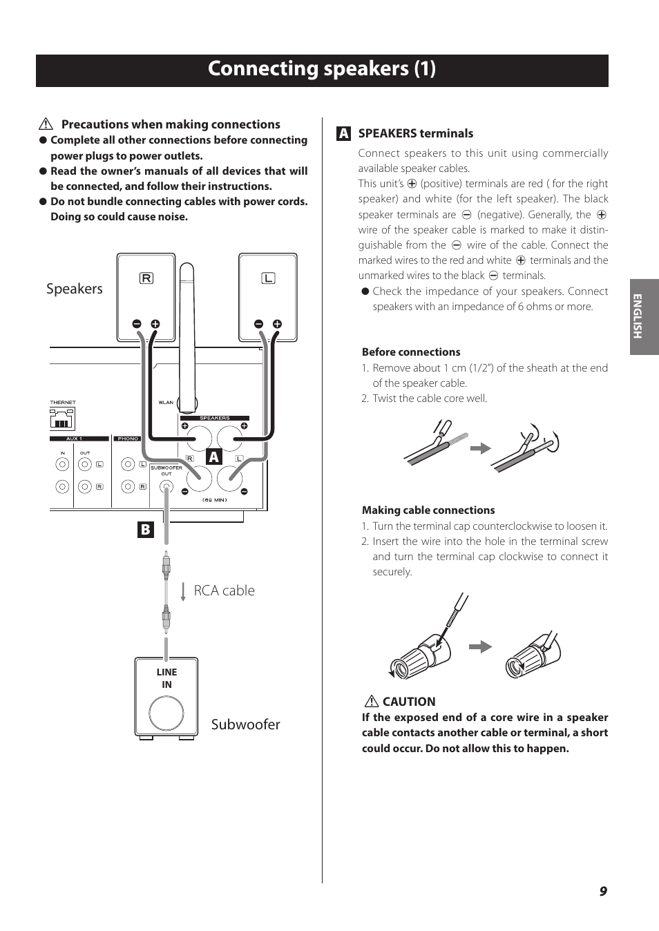 Connecting speakers, Connecting speakers (1), Speakers subwoofer rca cable | Teac NP-H750 User Manual | Page 9 / 176