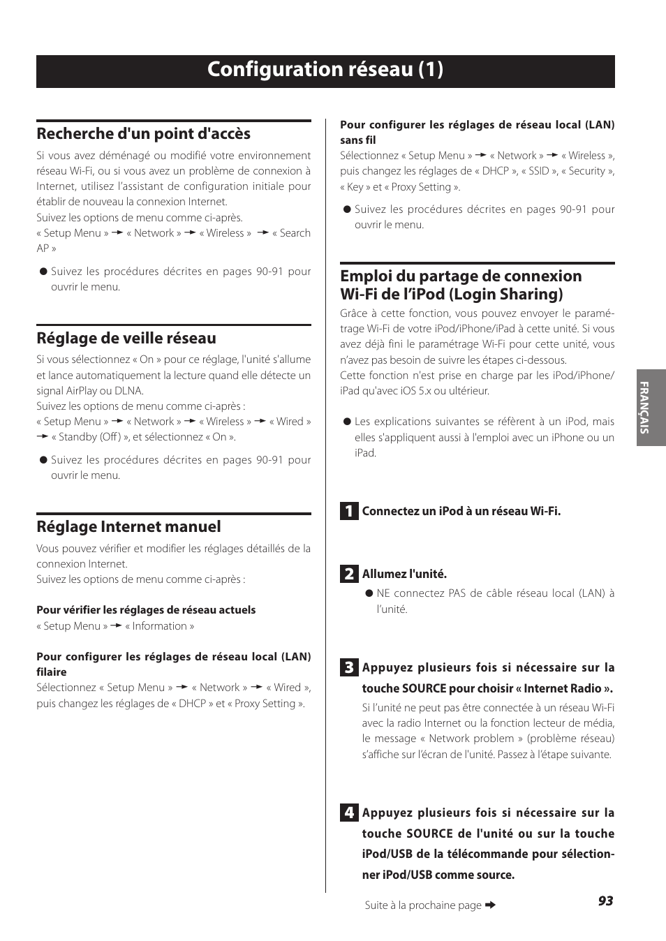 Configuration réseau, Configuration réseau (1), Recherche d'un point d'accès | Réglage de veille réseau, Réglage internet manuel | Teac NP-H750 User Manual | Page 93 / 176