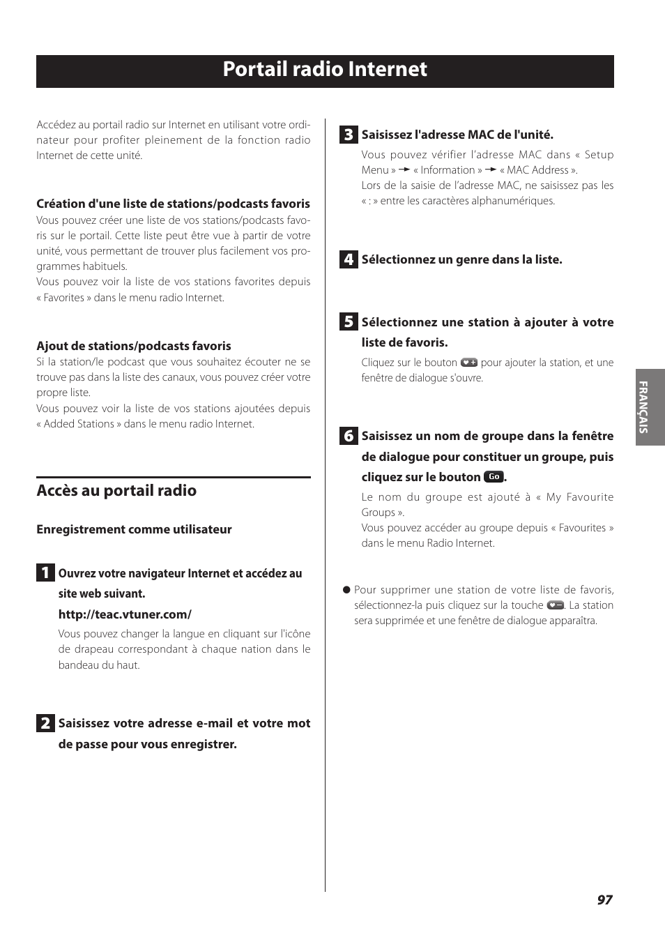 Portail radio internet, Accès au portail radio | Teac NP-H750 User Manual | Page 97 / 176