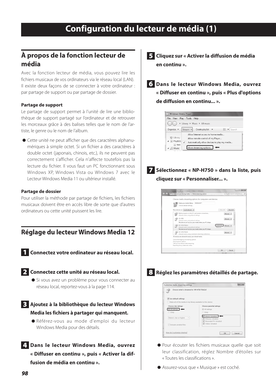 Configuration du lecteur de média, Configuration du lecteur de média (1), À propos de la fonction lecteur de média | Réglage du lecteur windows media 12 1 | Teac NP-H750 User Manual | Page 98 / 176