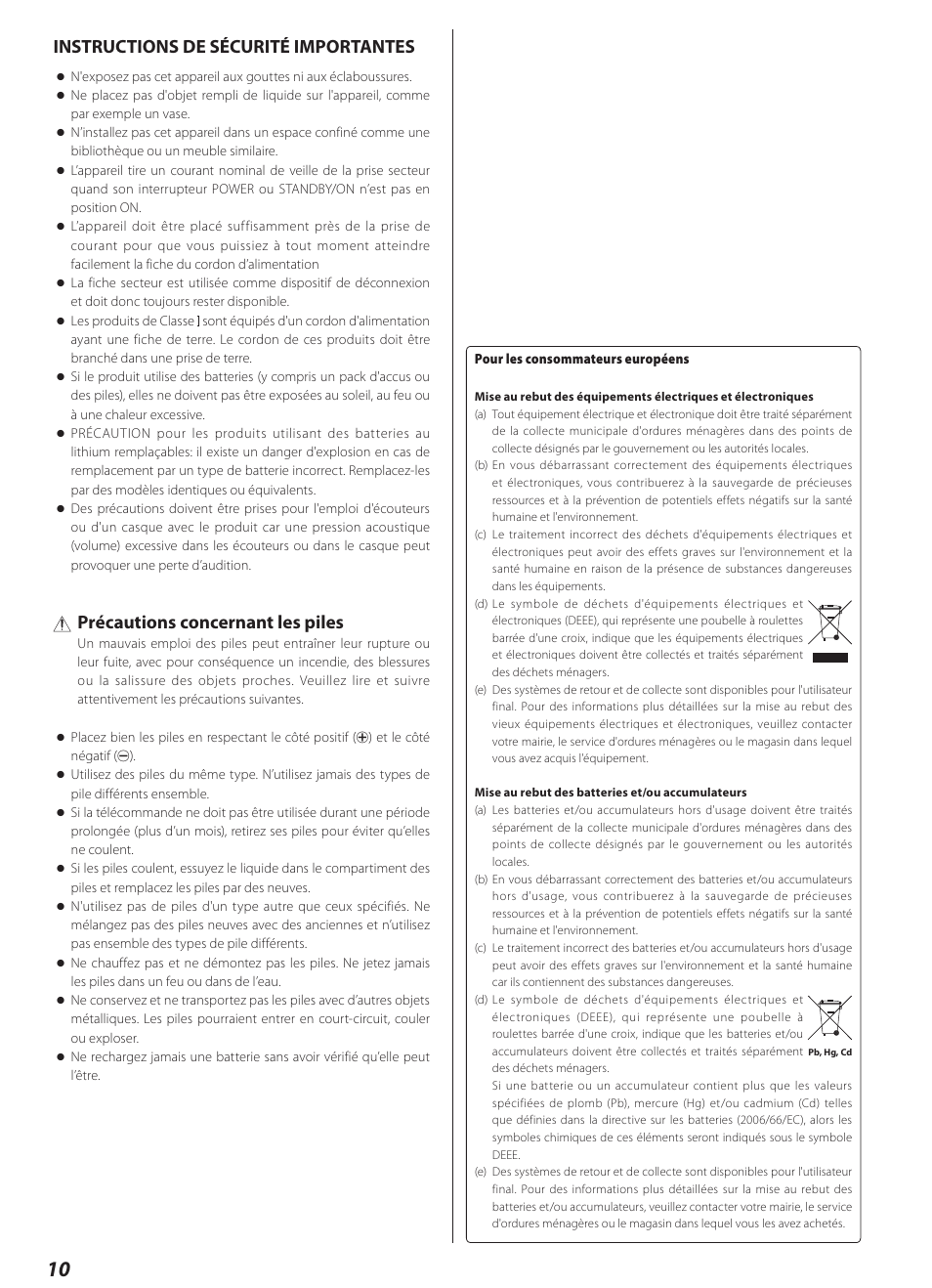 Instructions de sécurité importantes, Précautions concernant les piles | Teac AI-1000 User Manual | Page 10 / 40