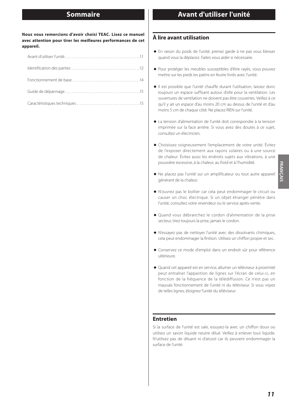 Français, Avant d'utiliser l'unité, Sommaire avant d'utiliser l'unité | À lire avant utilisation, Entretien | Teac AI-1000 User Manual | Page 11 / 40