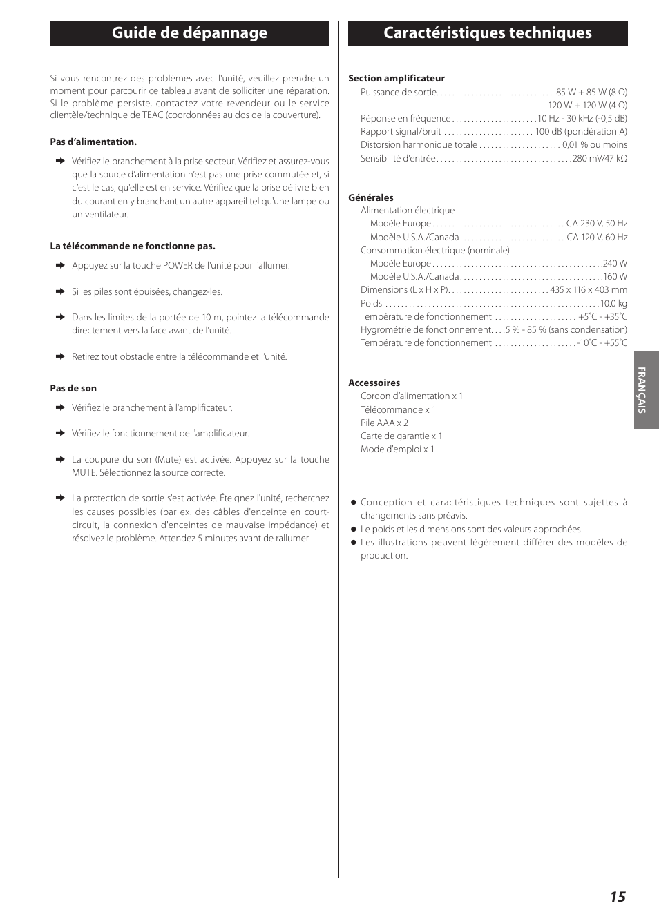 Guide de dépannage, Caractéristiques techniques, Guide de dépannage caractéristiques techniques | Teac AI-1000 User Manual | Page 15 / 40