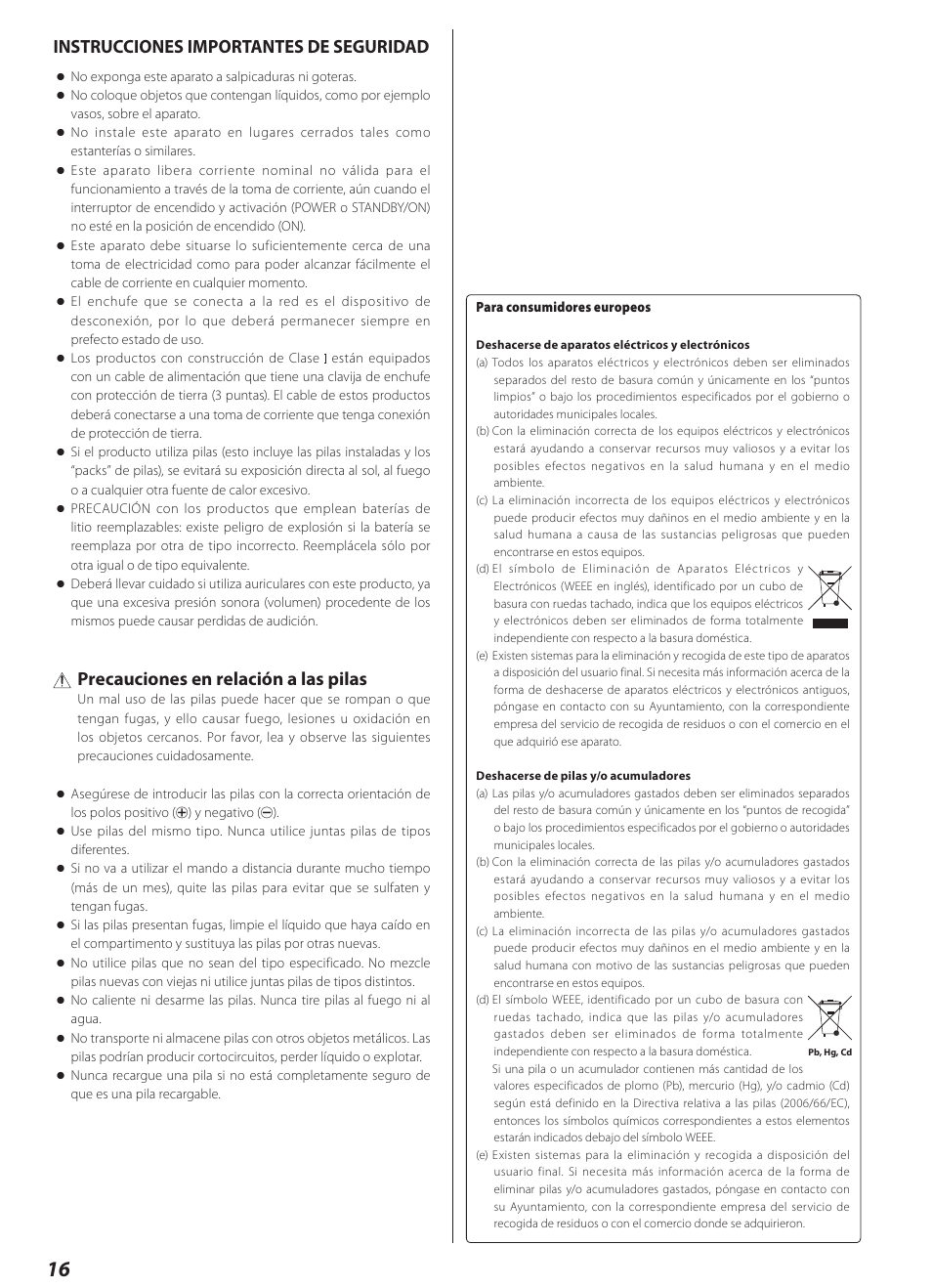 Instrucciones importantes de seguridad, Precauciones en relación a las pilas | Teac AI-1000 User Manual | Page 16 / 40