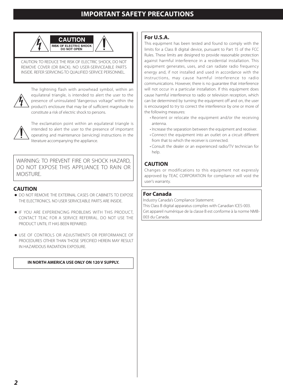 Important safety precautions | Teac AI-1000 User Manual | Page 2 / 40