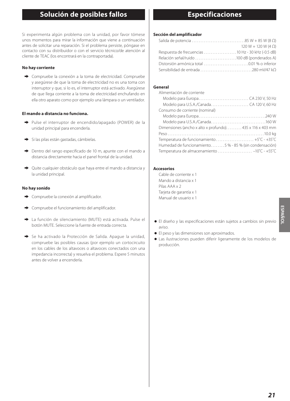 Solución de posibles fallos, Especificaciones, Solución de posibles fallos especificaciones | Teac AI-1000 User Manual | Page 21 / 40