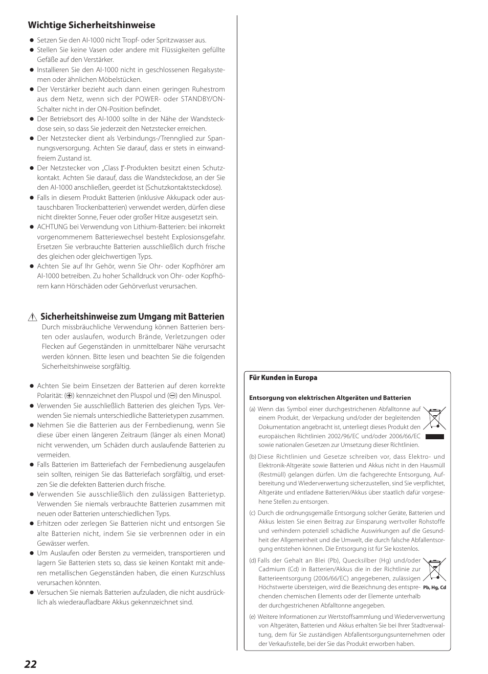 Wichtige sicherheitshinweise, Sicherheitshinweise zum umgang mit batterien | Teac AI-1000 User Manual | Page 22 / 40