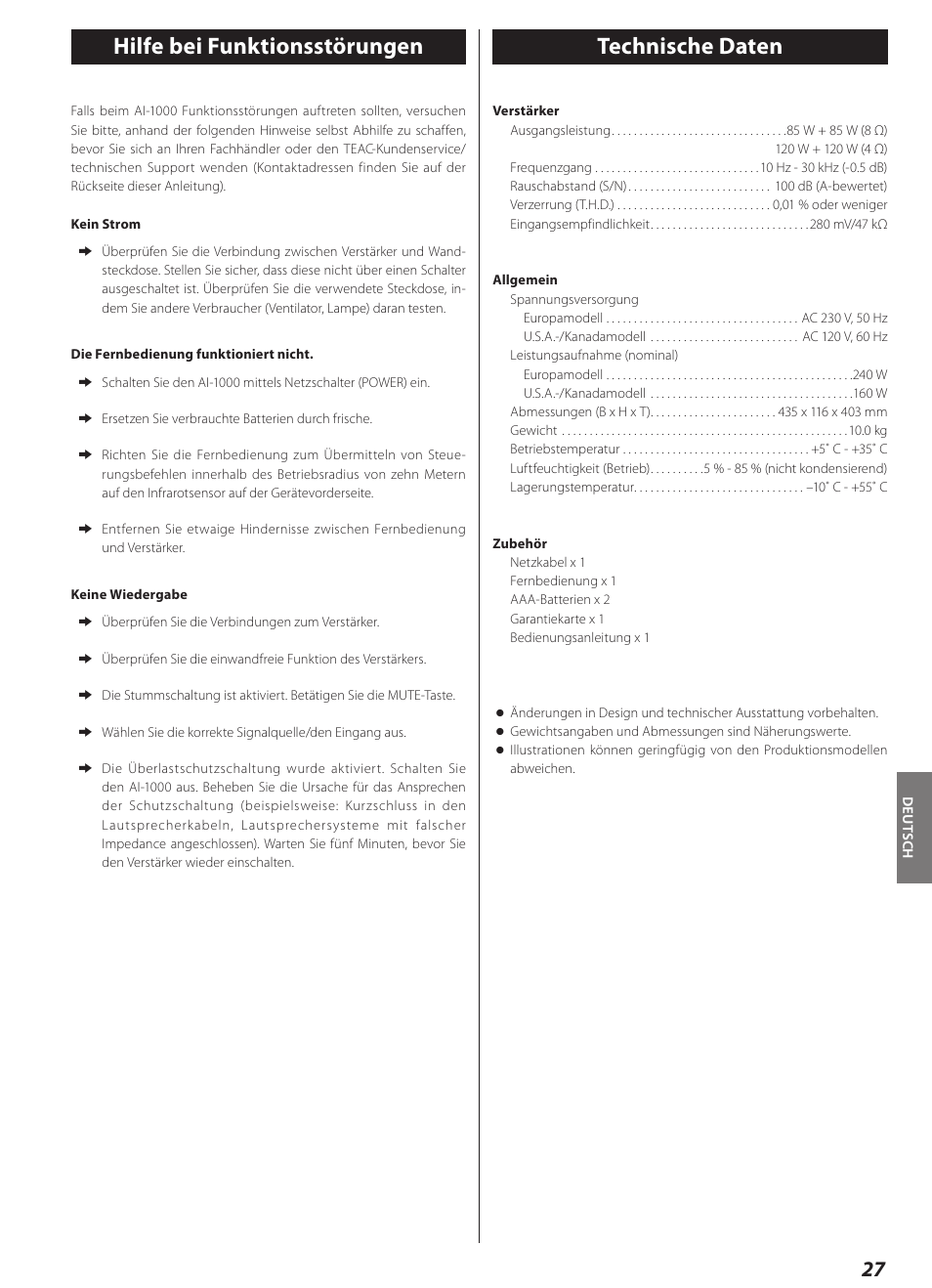 Hilfe bei funktionsstörungen, Technische daten, Hilfe bei funktionsstörungen technische daten | Teac AI-1000 User Manual | Page 27 / 40