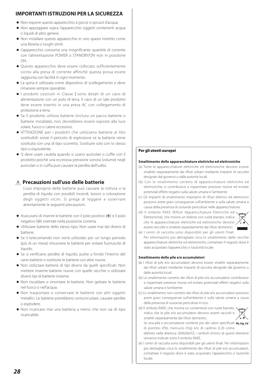 Importanti istruzioni per la sicurezza, Precauzioni sull'uso delle batterie | Teac AI-1000 User Manual | Page 28 / 40