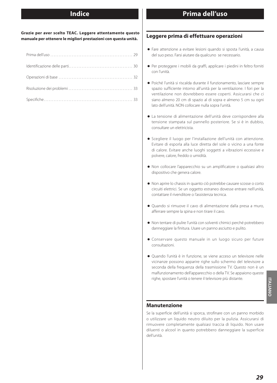 Italiano, Prima dell’uso, Indice prima dell’uso | Leggere prima di effettuare operazioni, Manutenzione | Teac AI-1000 User Manual | Page 29 / 40