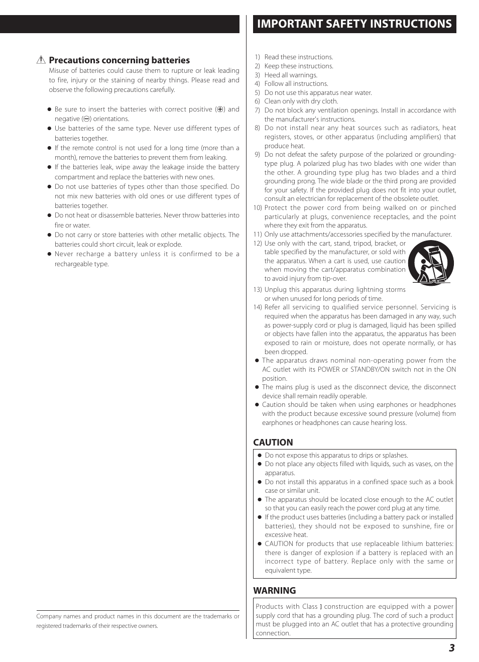 Important safety instructions, Precautions concerning batteries, Caution warning | Teac AI-1000 User Manual | Page 3 / 40