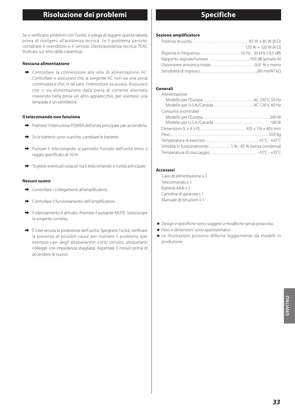 Risoluzione dei problemi, Specifiche, Risoluzione dei problemi specifiche | Teac AI-1000 User Manual | Page 33 / 40
