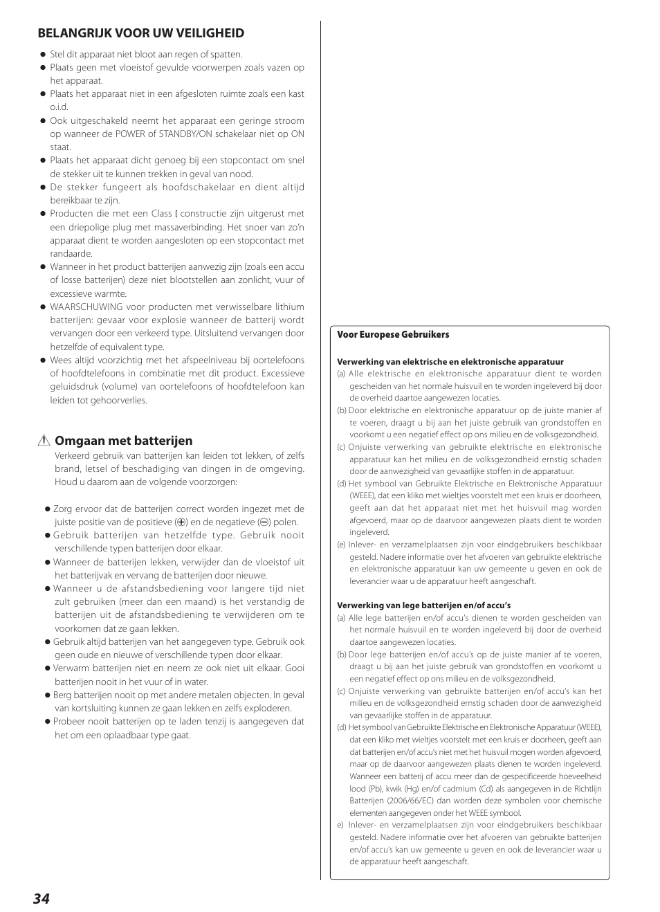 Belangrijk voor uw veiligheid, Omgaan met batterijen | Teac AI-1000 User Manual | Page 34 / 40