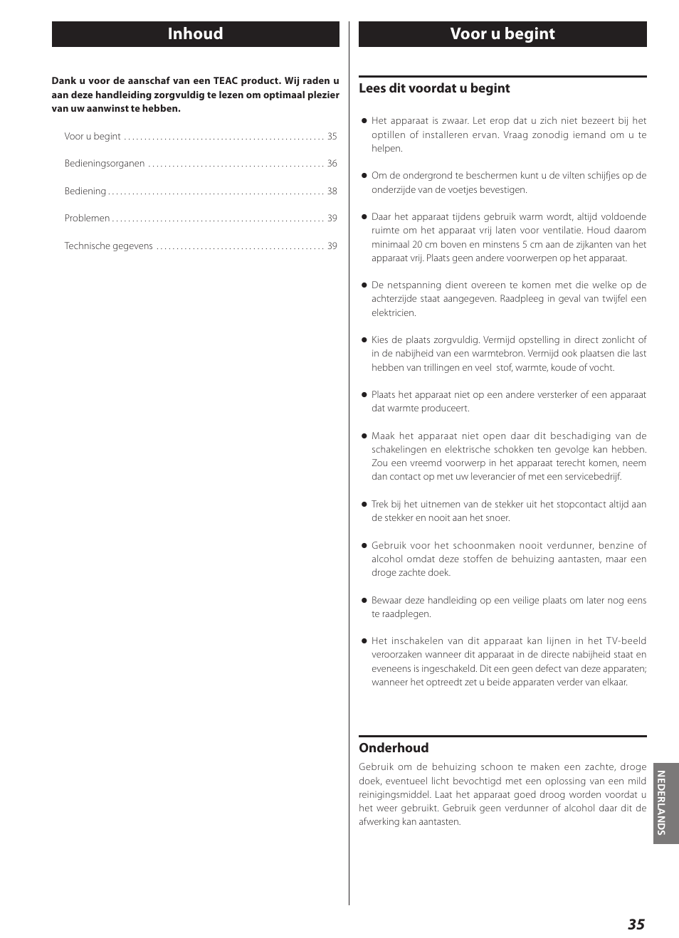 Nederlands, Voor u begint, Inhoud voor u begint | Lees dit voordat u begint, Onderhoud | Teac AI-1000 User Manual | Page 35 / 40