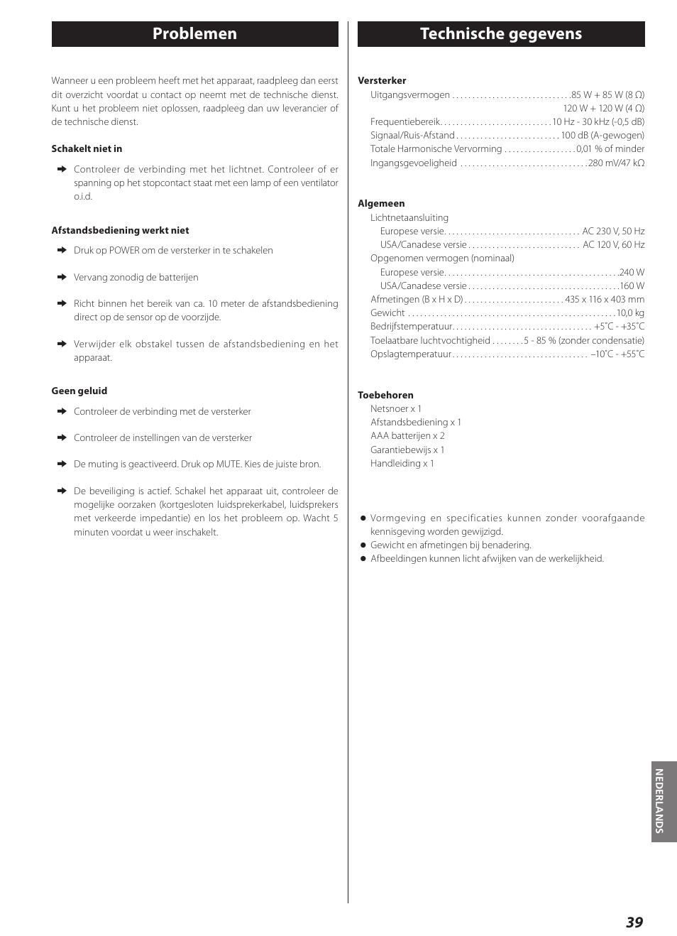 Problemen, Technische gegevens, Problemen technische gegevens | Teac AI-1000 User Manual | Page 39 / 40