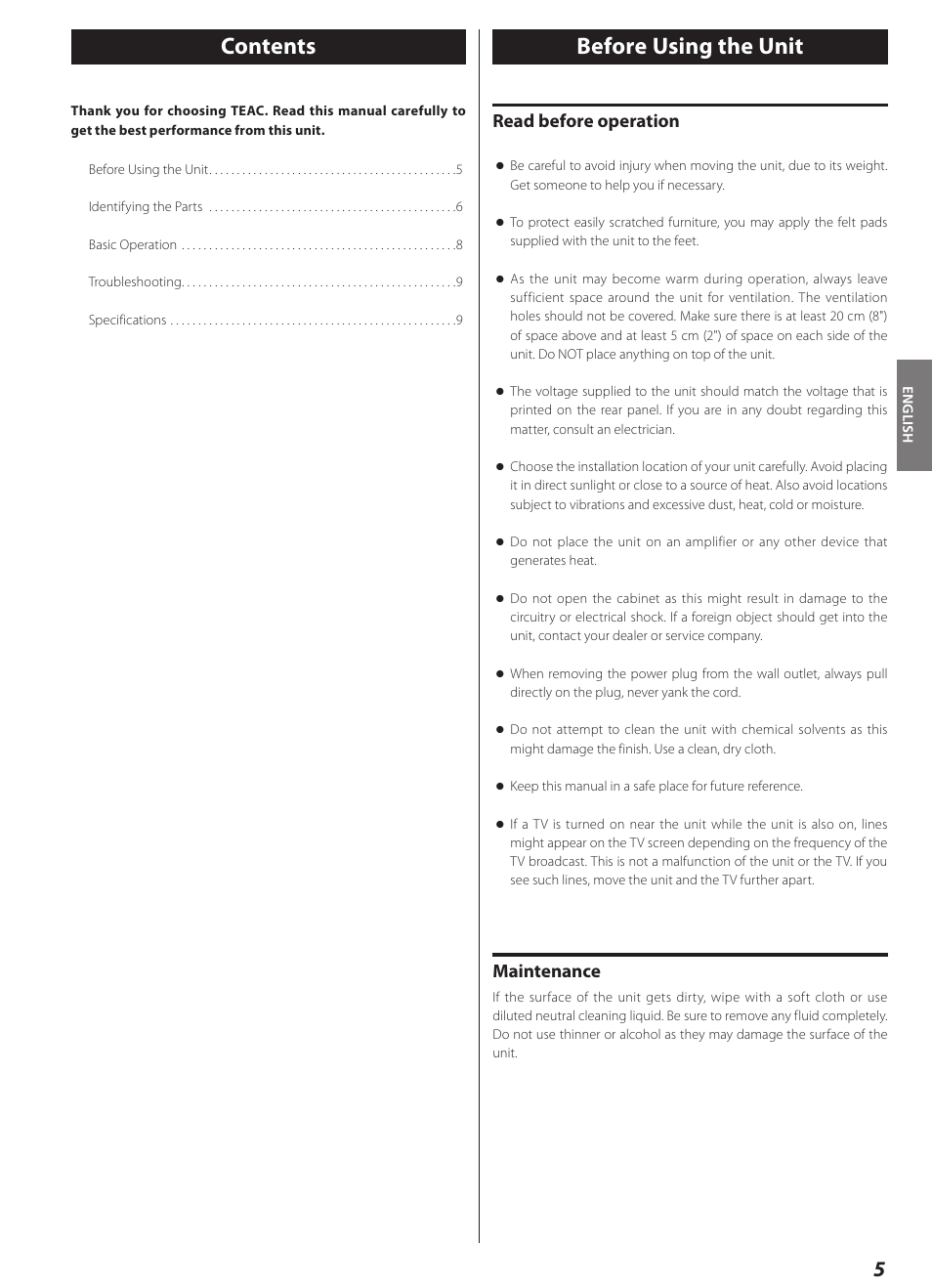 Before using the unit, Contents before using the unit, Read before operation | Maintenance | Teac AI-1000 User Manual | Page 5 / 40