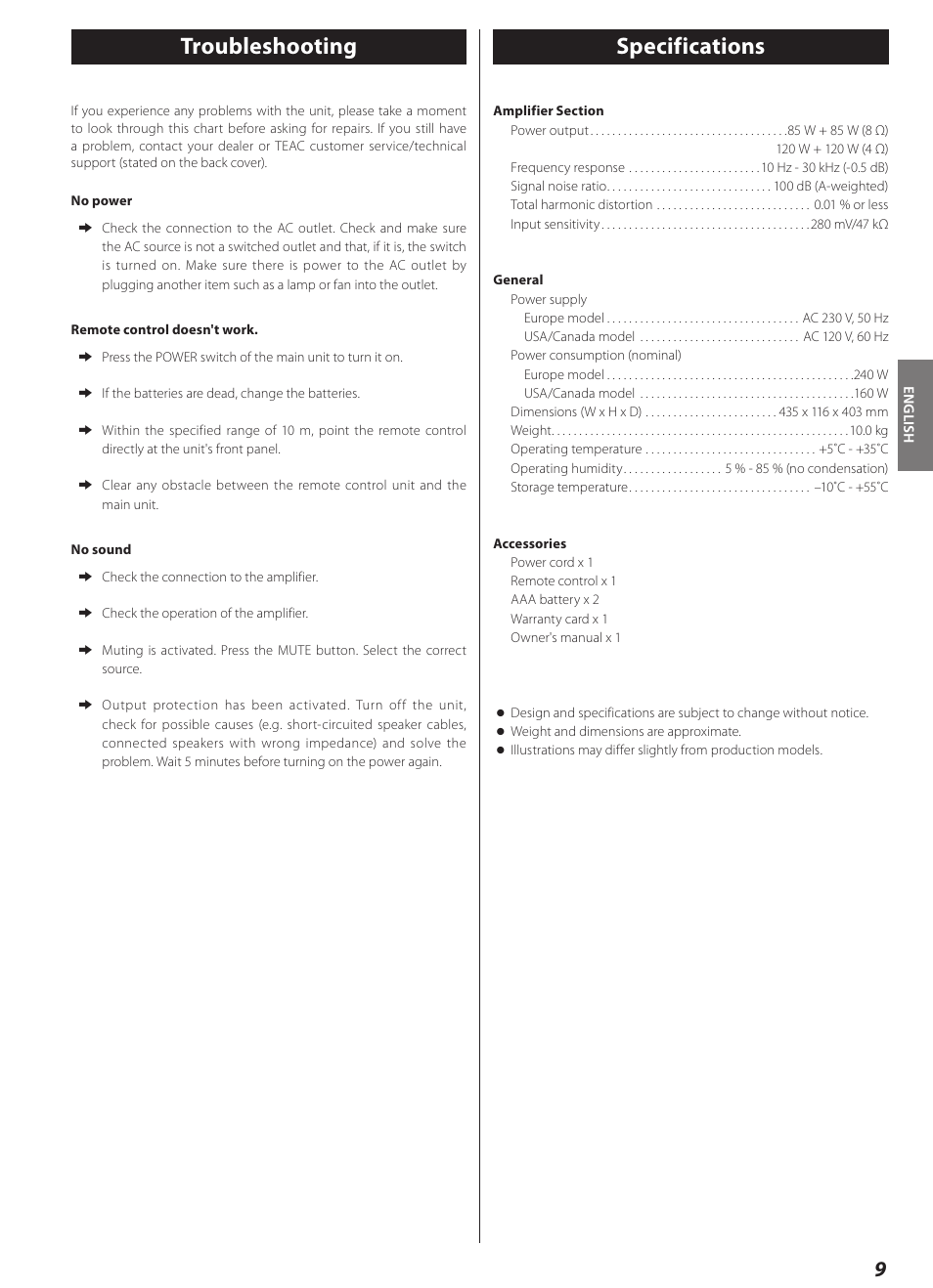 Troubleshooting, Specifications, Troubleshooting specifications | Teac AI-1000 User Manual | Page 9 / 40