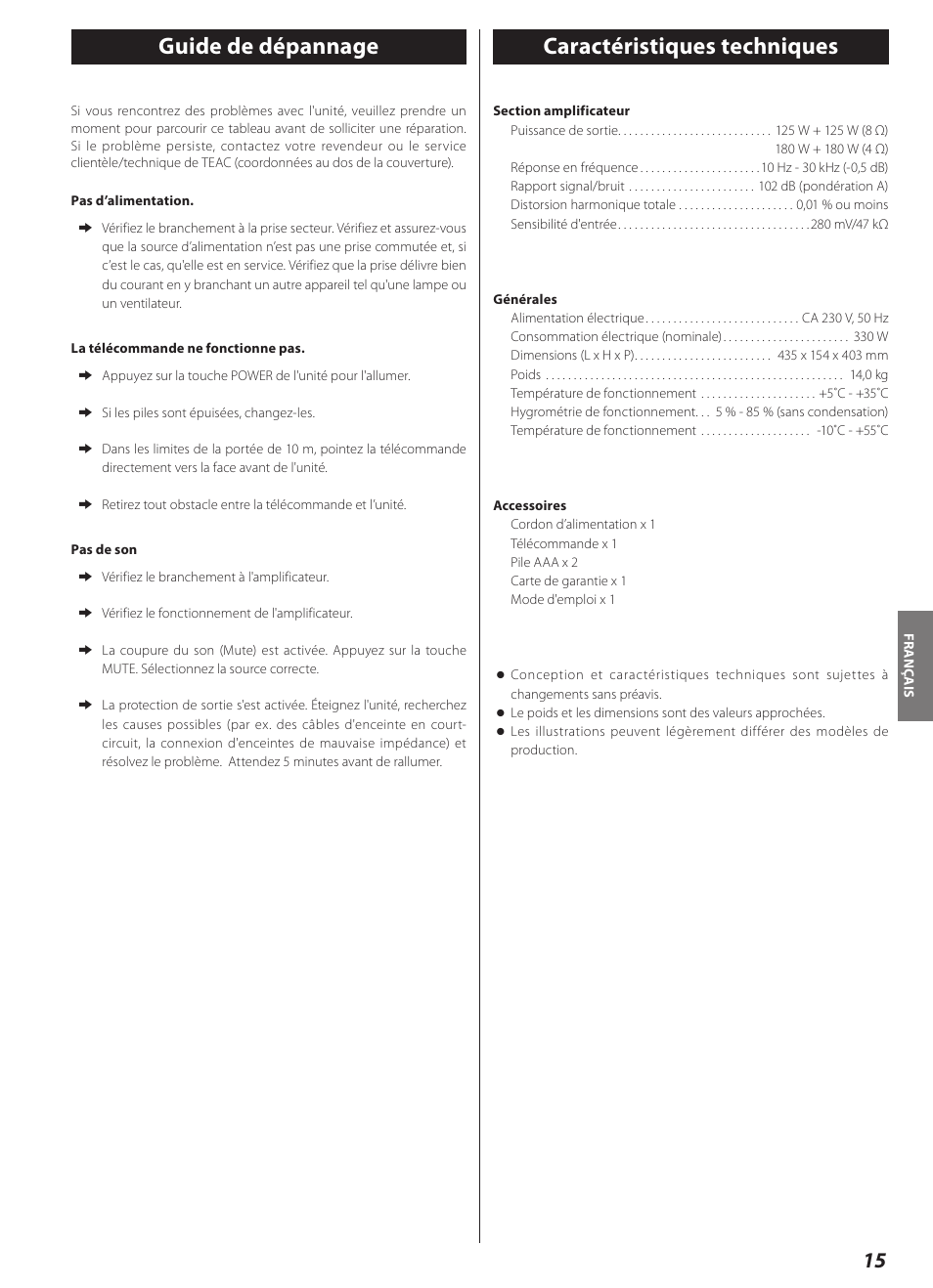 Guide de dépannage, Caractéristiques techniques, Guide de dépannage caractéristiques techniques | Teac AI-2000 User Manual | Page 15 / 36