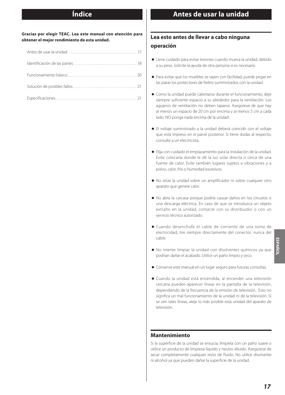 Antes de usar la unidad, Índice antes de usar la unidad, Lea esto antes de llevar a cabo ninguna operación | Mantenimiento | Teac AI-2000 User Manual | Page 17 / 36