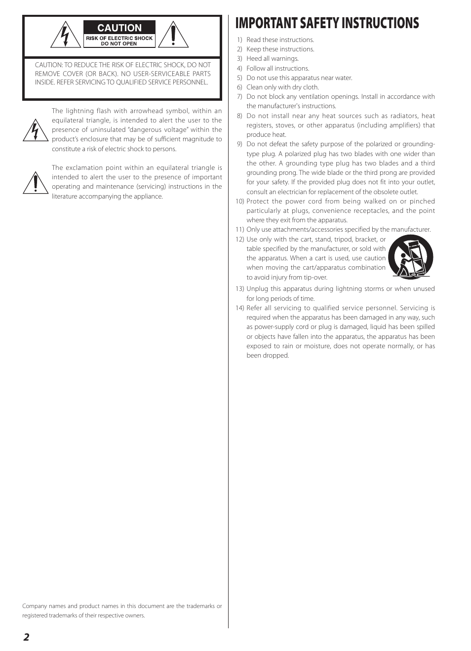 Important safety instructions | Teac AI-2000 User Manual | Page 2 / 36