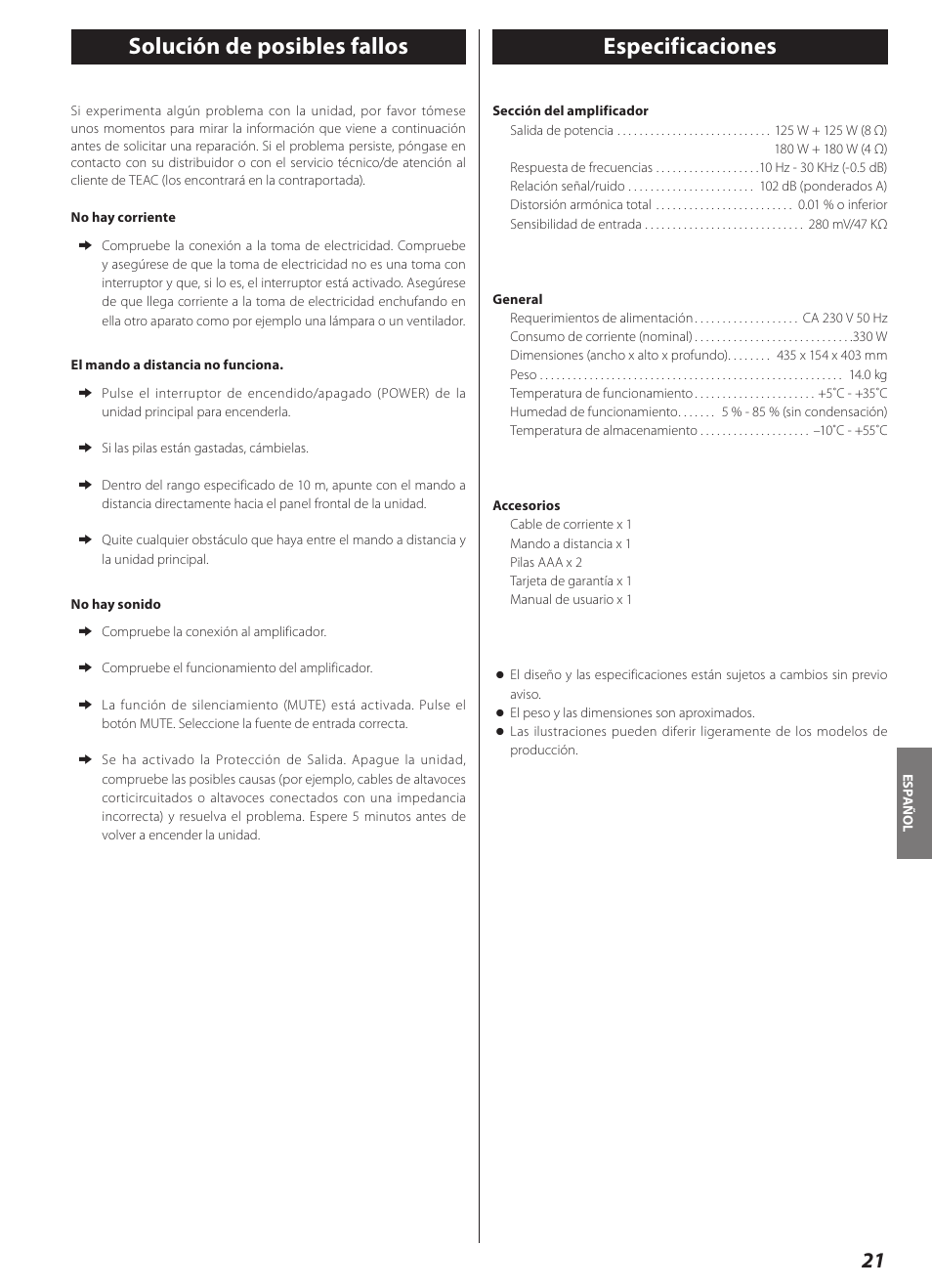 Solución de posibles fallos, Especificaciones, Solución de posibles fallos especificaciones | Teac AI-2000 User Manual | Page 21 / 36