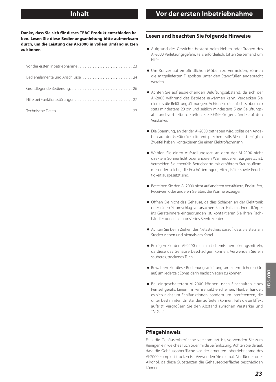 Vor der ersten inbetriebnahme, Inhalt vor der ersten inbetriebnahme, Lesen und beachten sie folgende hinweise | Pflegehinweis | Teac AI-2000 User Manual | Page 23 / 36