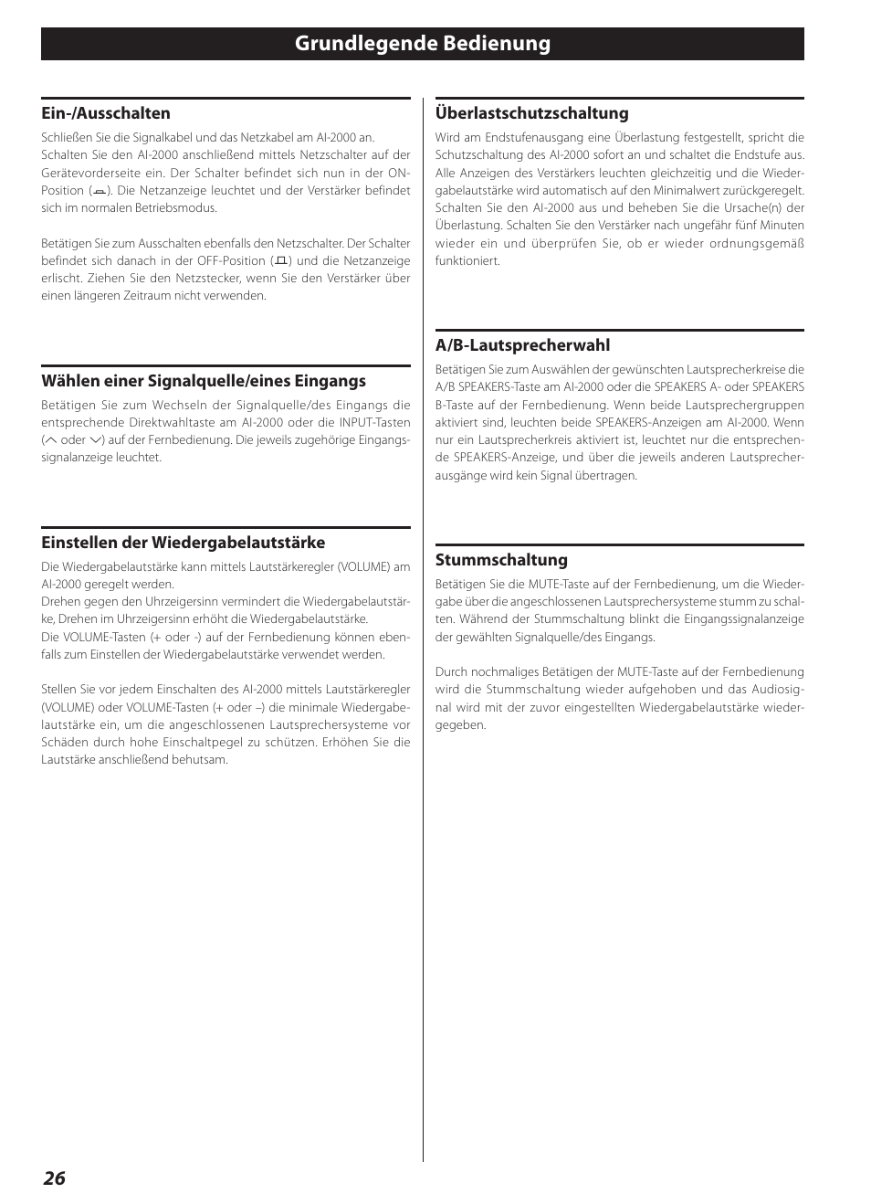 Grundlegende bedienung | Teac AI-2000 User Manual | Page 26 / 36