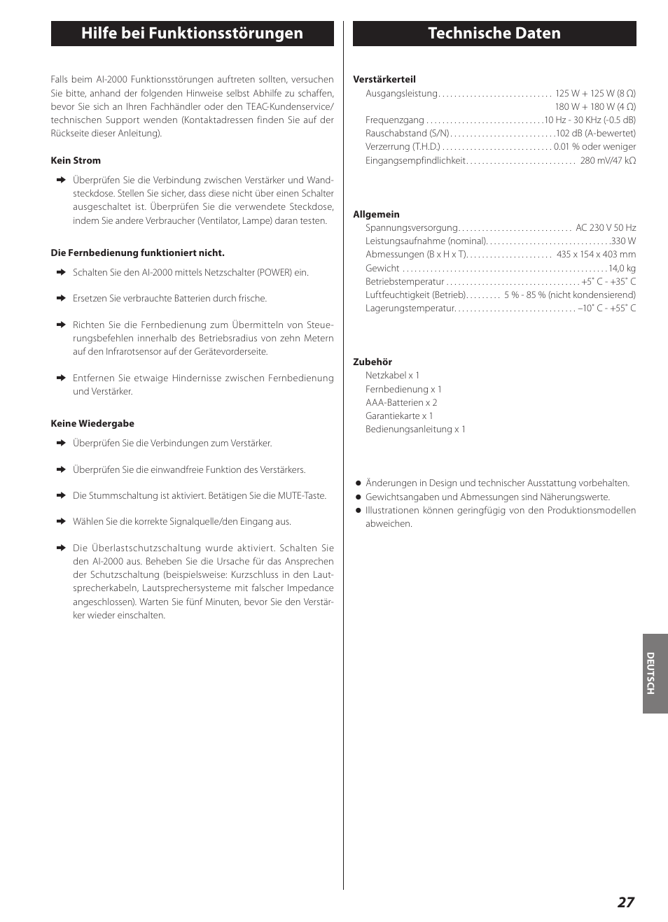 Hilfe bei funktionsstörungen, Technische daten, Hilfe bei funktionsstörungen technische daten | Teac AI-2000 User Manual | Page 27 / 36