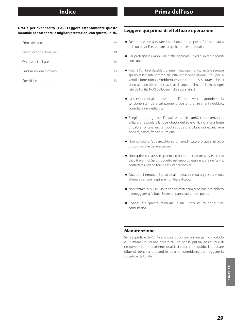 Prima dell’uso, Indice prima dell’uso, Leggere qui prima di effettuare operazioni | Manutenzione | Teac AI-2000 User Manual | Page 29 / 36