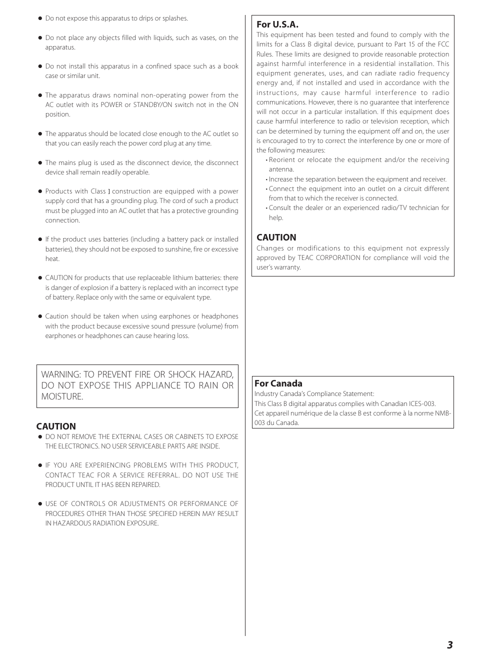 Caution, For canada, For u.s.a | Teac AI-2000 User Manual | Page 3 / 36