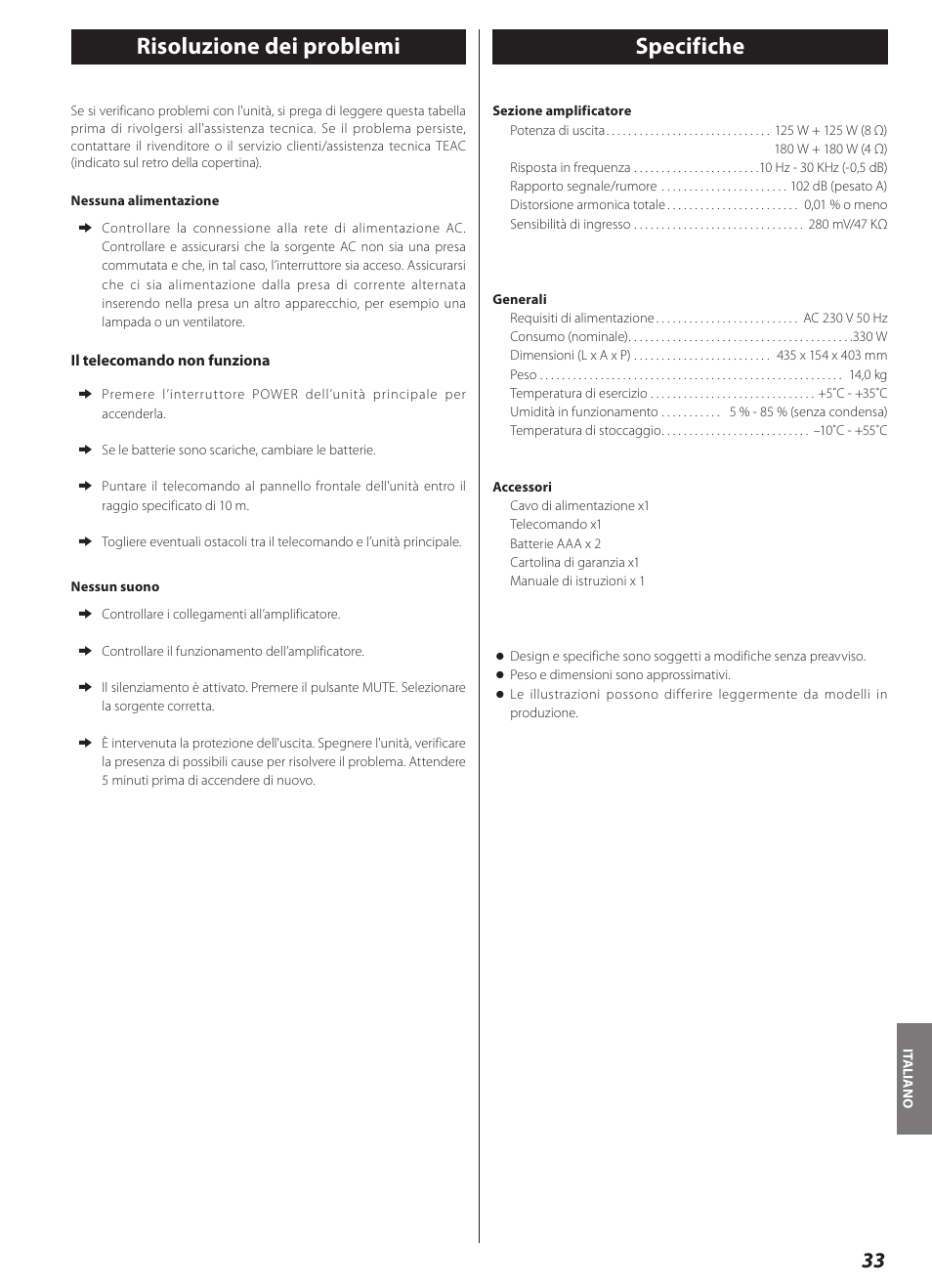 Risoluzione dei problemi, Specifiche, Risoluzione dei problemi specifiche | Teac AI-2000 User Manual | Page 33 / 36