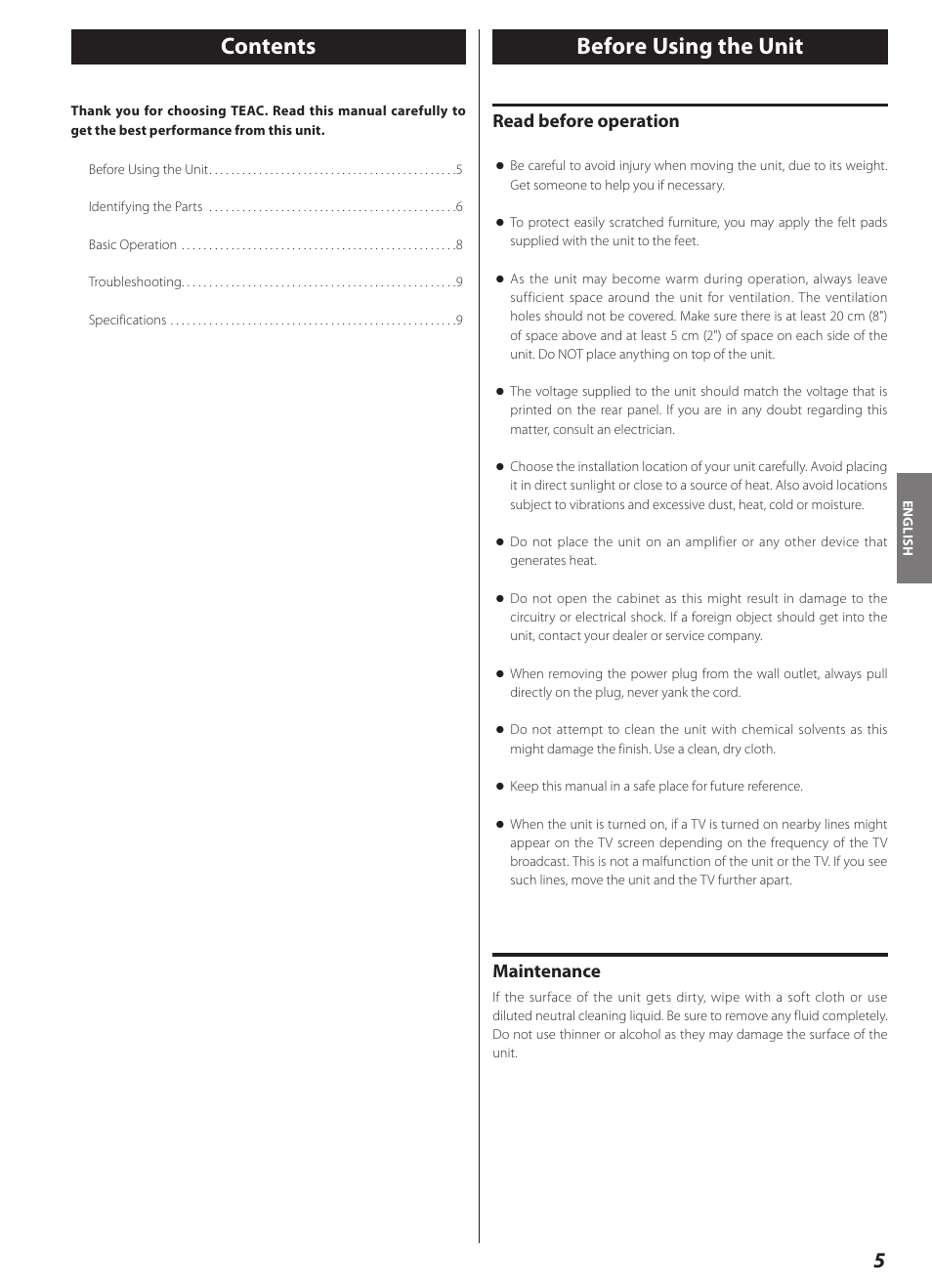 Before using the unit, Contents before using the unit, Read before operation | Maintenance | Teac AI-2000 User Manual | Page 5 / 36