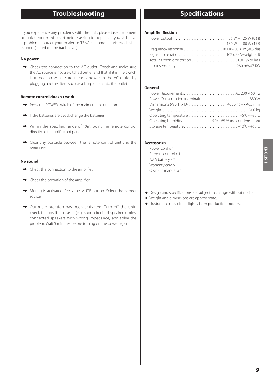 Troubleshooting, Specifications, Troubleshooting specifications | Teac AI-2000 User Manual | Page 9 / 36