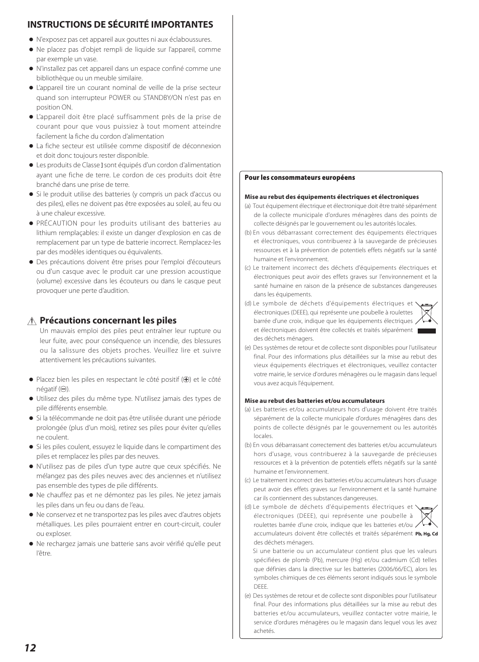 Instructions de sécurité importantes, Précautions concernant les piles | Teac AI-3000 User Manual | Page 12 / 52