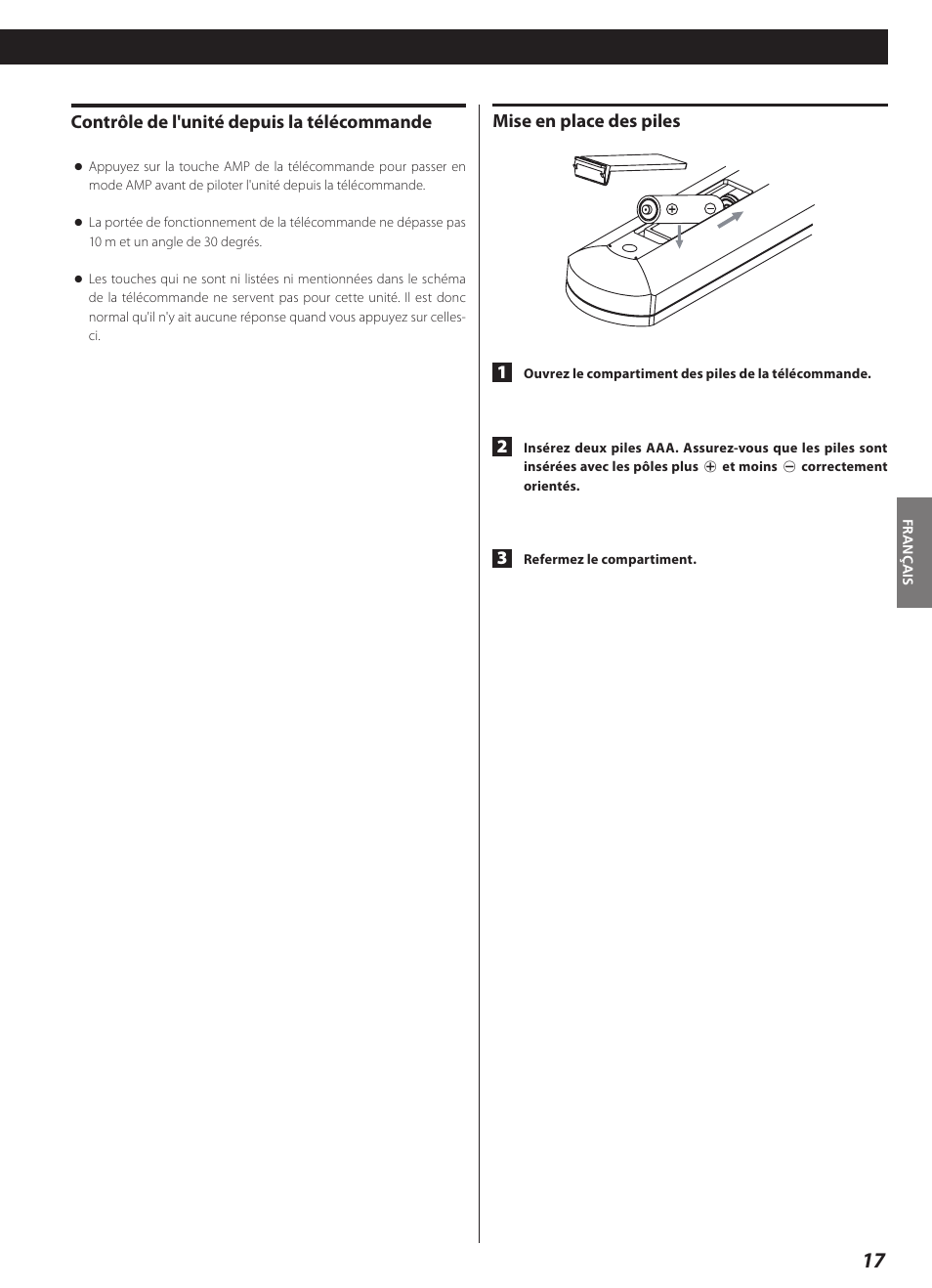 Mise en place des piles 1, Contrôle de l'unité depuis la télécommande | Teac AI-3000 User Manual | Page 17 / 52