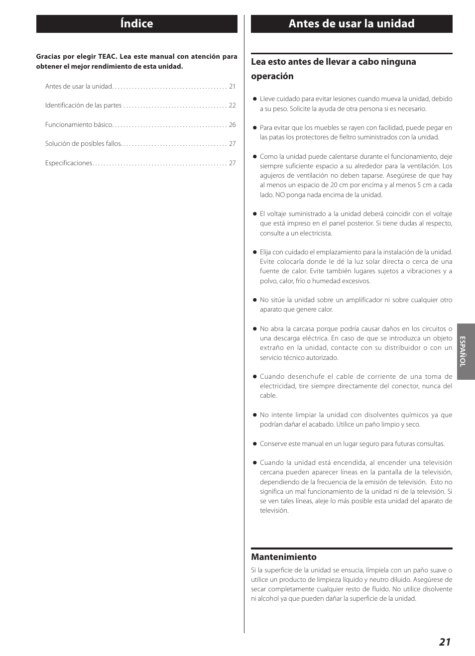 Español, Antes de usar la unidad, Índice antes de usar la unidad | Lea esto antes de llevar a cabo ninguna operación, Mantenimiento | Teac AI-3000 User Manual | Page 21 / 52