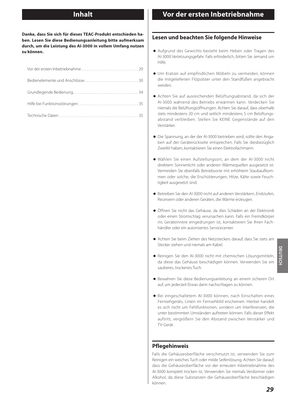 Deutsch, Vor der ersten inbetriebnahme, Inhalt vor der ersten inbetriebnahme | Lesen und beachten sie folgende hinweise, Pflegehinweis | Teac AI-3000 User Manual | Page 29 / 52