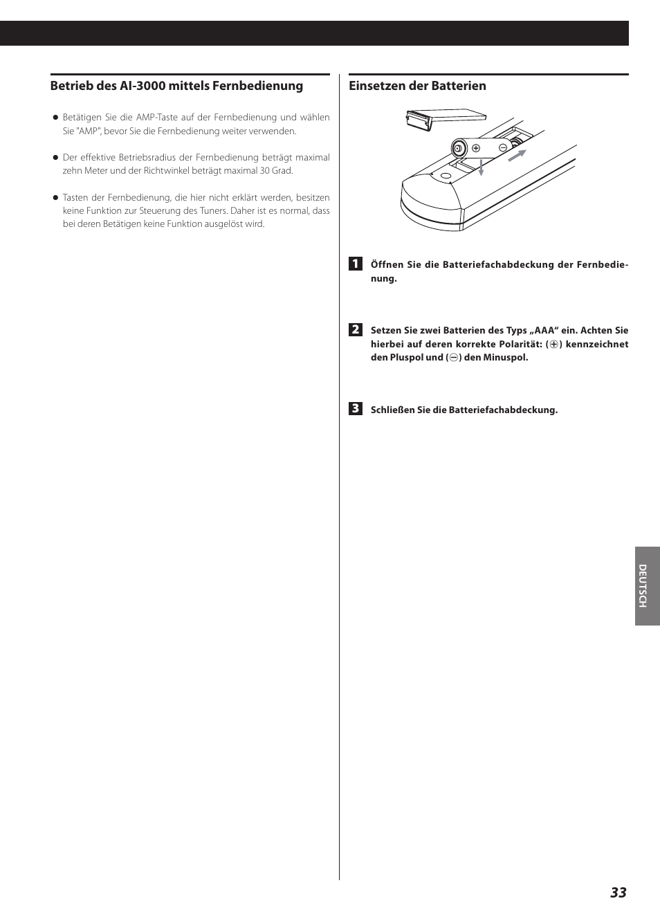 Einsetzen der batterien 1, Betrieb des ai-3000 mittels fernbedienung | Teac AI-3000 User Manual | Page 33 / 52